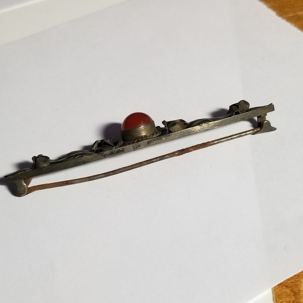 Antique bar pin arts and crafts style orange cabochon leaves - Picture 8 of 16